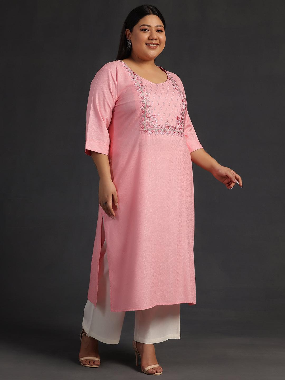 Plus Size Pink Yoke Design Rayon Straight Kurta - Libas 