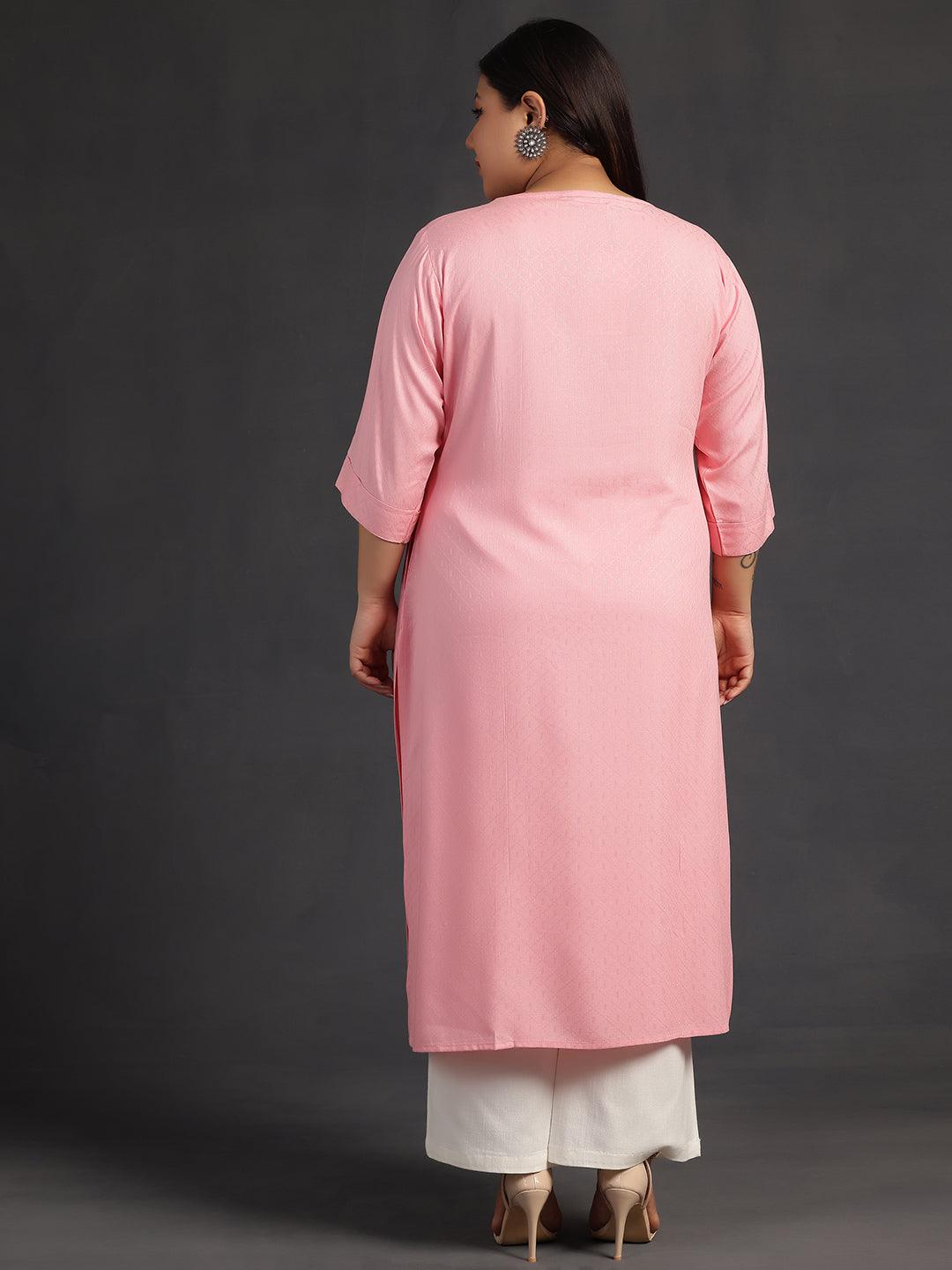 Plus Size Pink Yoke Design Rayon Straight Kurta - Libas