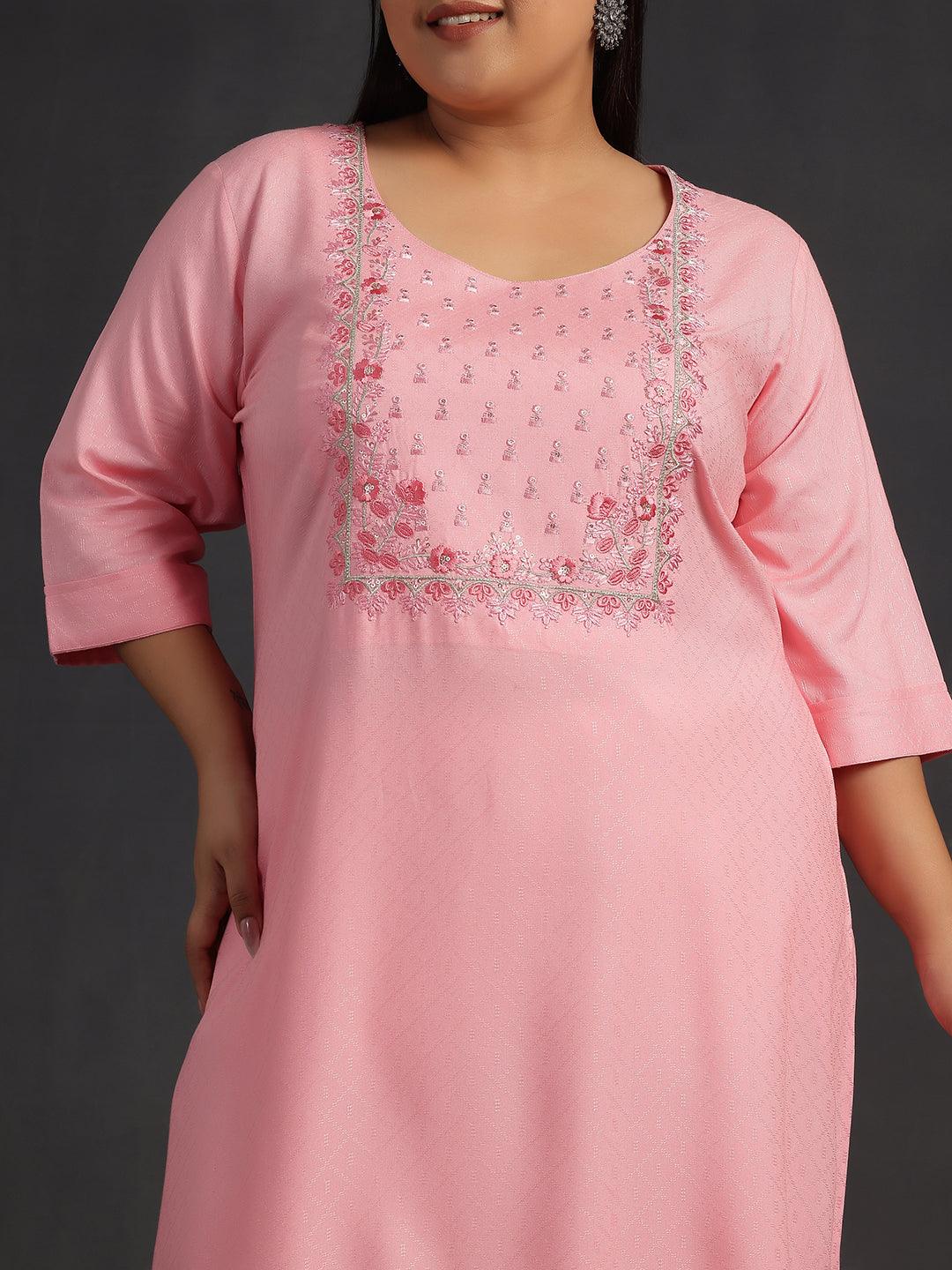 Plus Size Pink Yoke Design Rayon Straight Kurta - Libas 