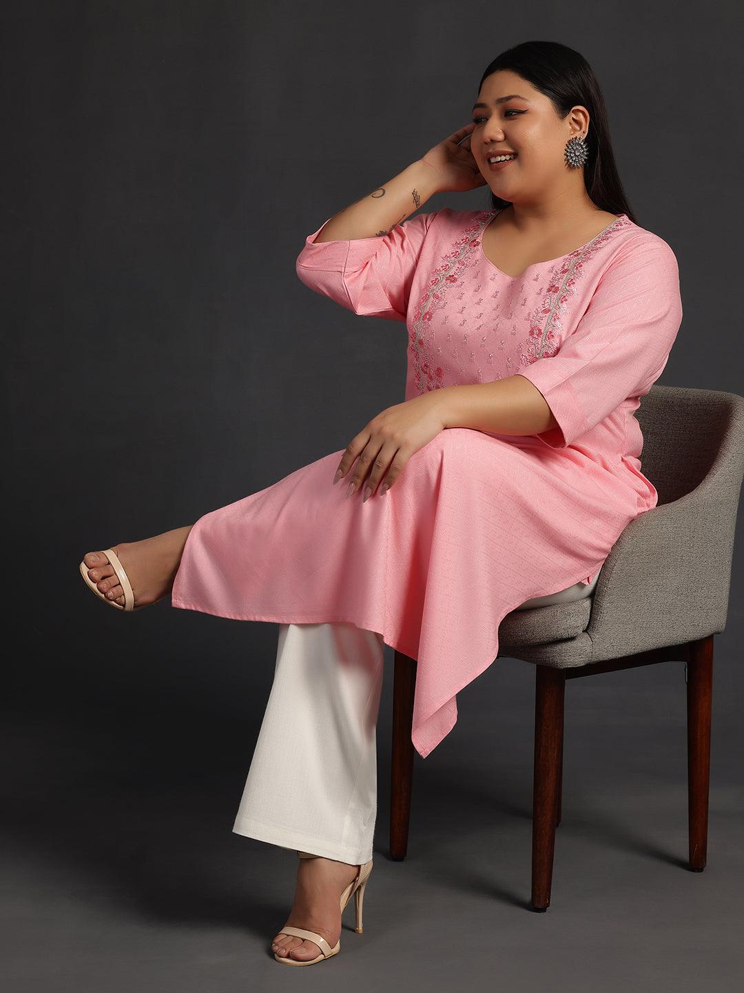 Plus Size Pink Yoke Design Rayon Straight Kurta - Libas 