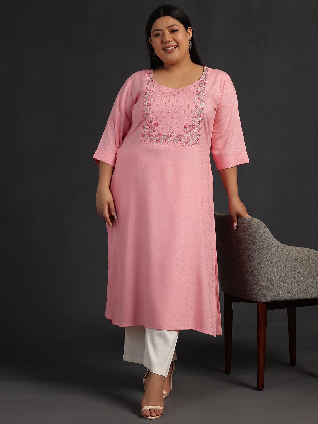 Plus Size Pink Yoke Design Rayon Straight Kurta - Libas 