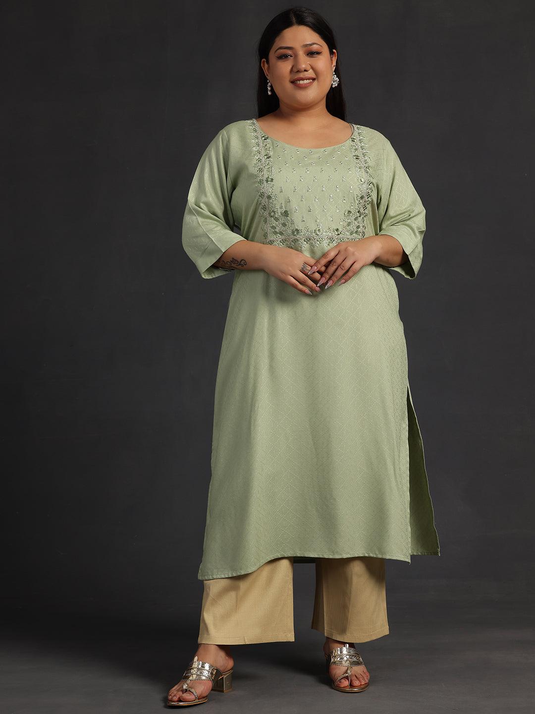 Plus Size Green Yoke Design Rayon Straight Kurta - Libas 