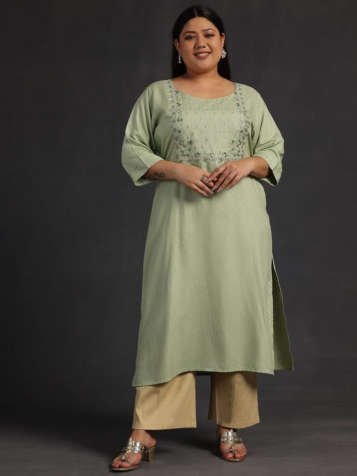 Plus Size Green Yoke Design Rayon Straight Kurta - Libas