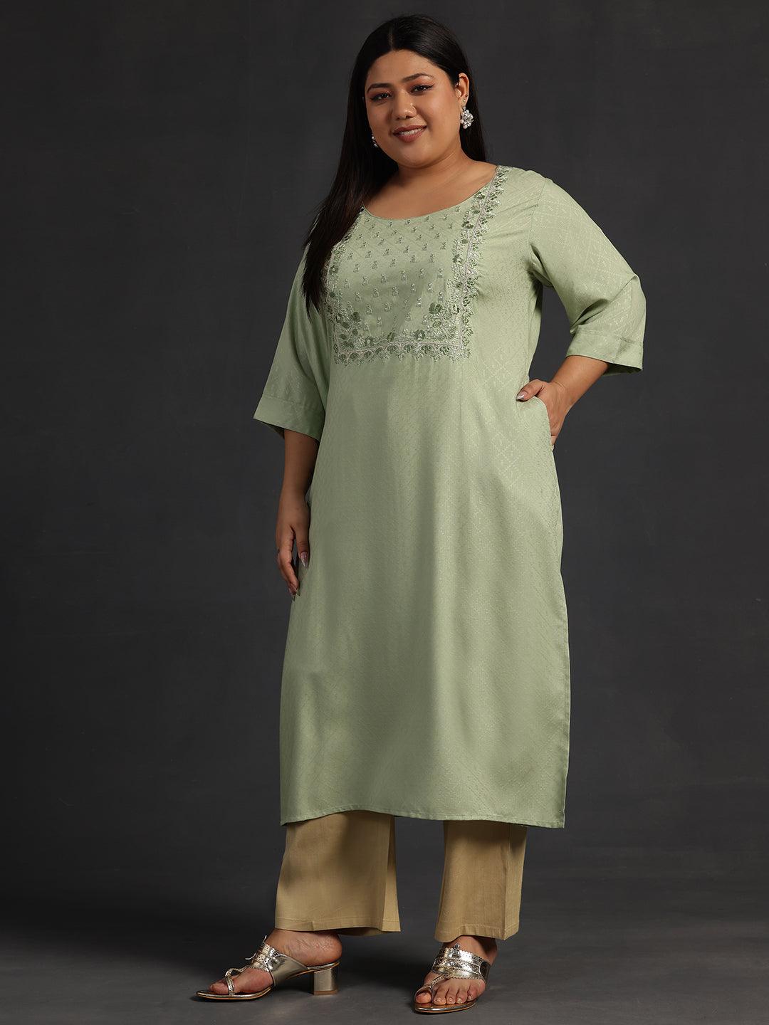 Plus Size Green Yoke Design Rayon Straight Kurta - Libas 