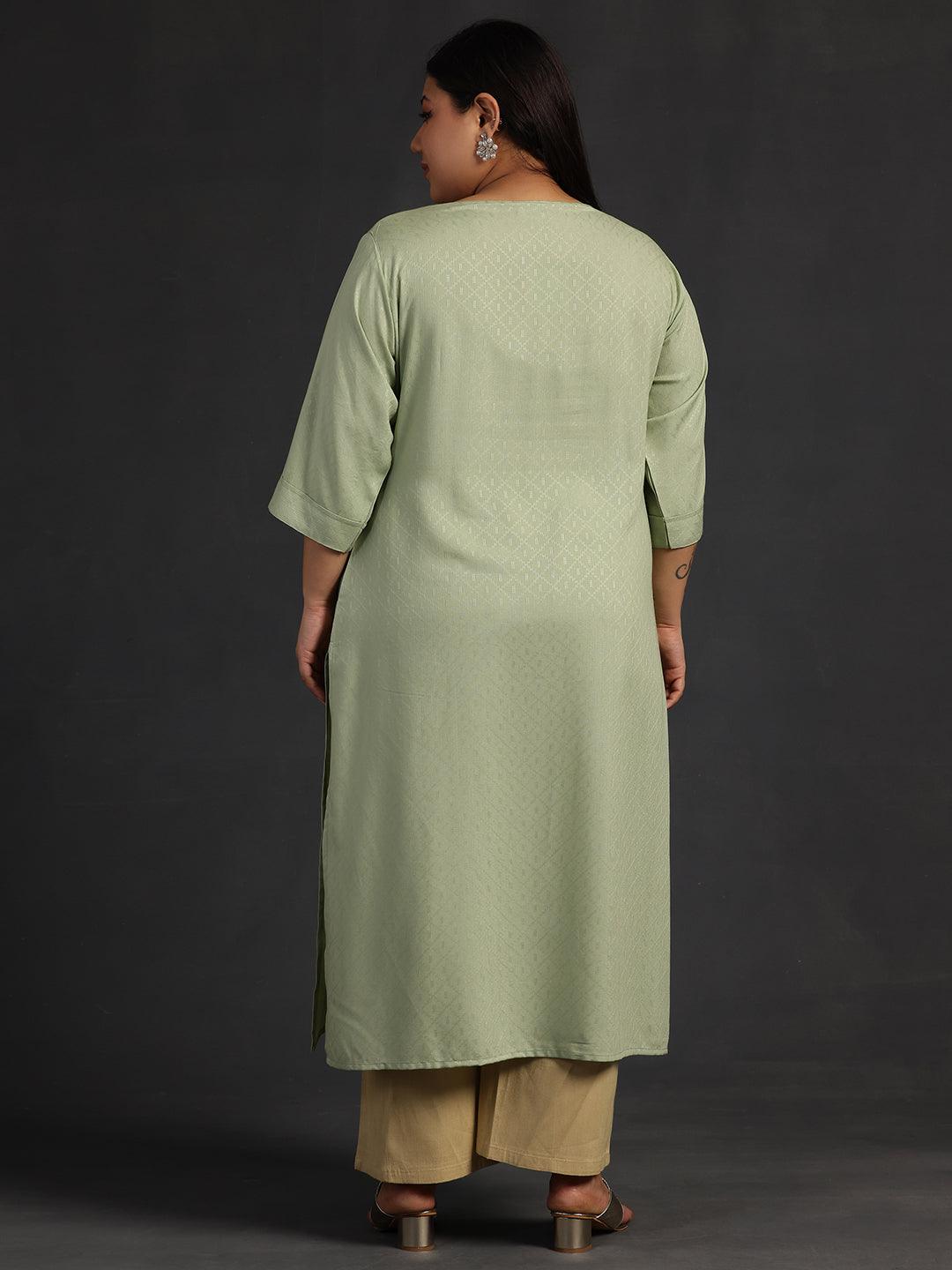 Plus Size Green Yoke Design Rayon Straight Kurta - Libas 