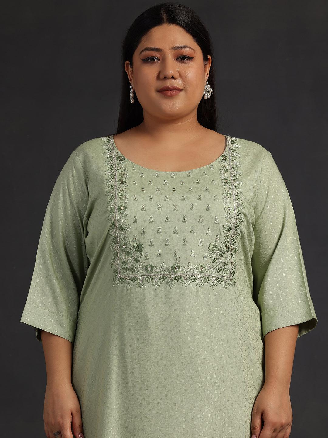 Plus Size Green Yoke Design Rayon Straight Kurta - Libas 