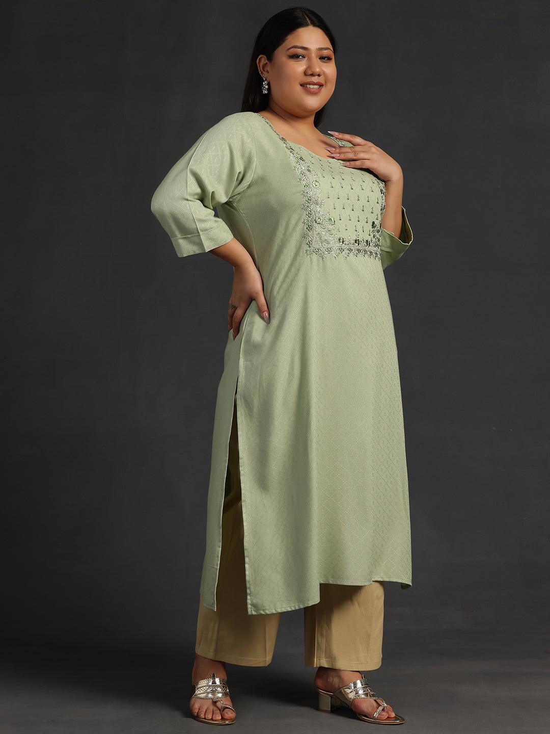 Plus Size Green Yoke Design Rayon Straight Kurta - Libas