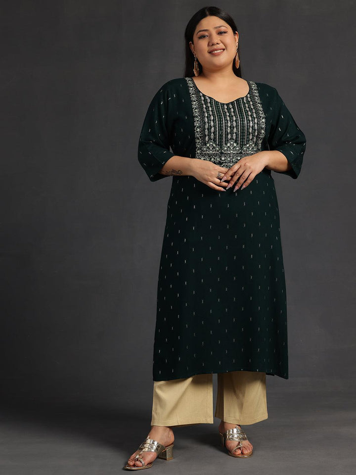 Plus Size Green Yoke Design Rayon Straight Kurta - Libas