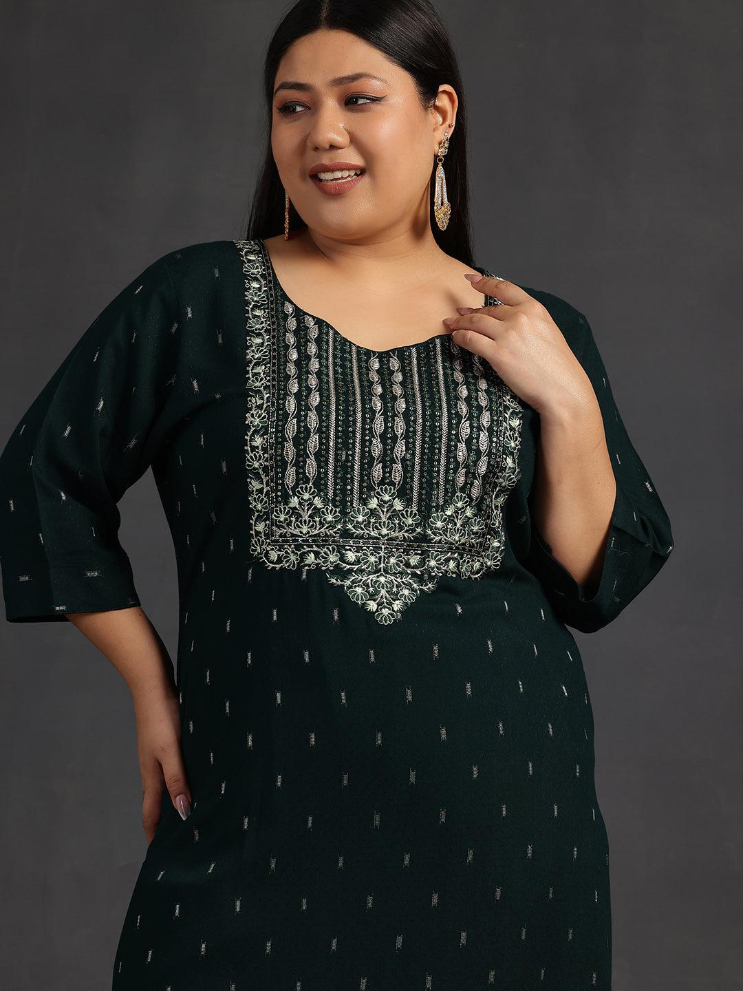 Plus Size Green Yoke Design Rayon Straight Kurta - Libas