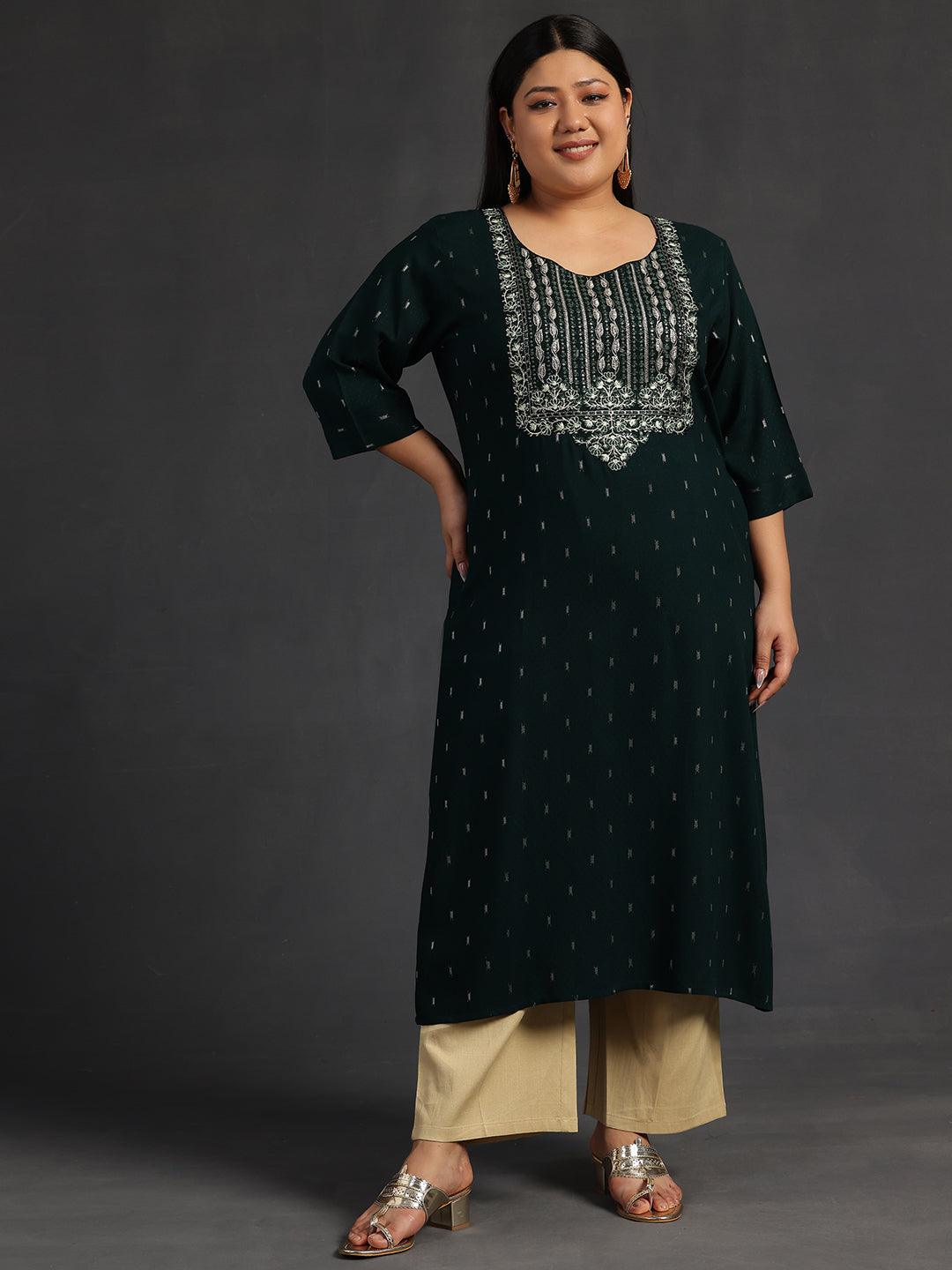 Plus Size Green Yoke Design Rayon Straight Kurta - Libas