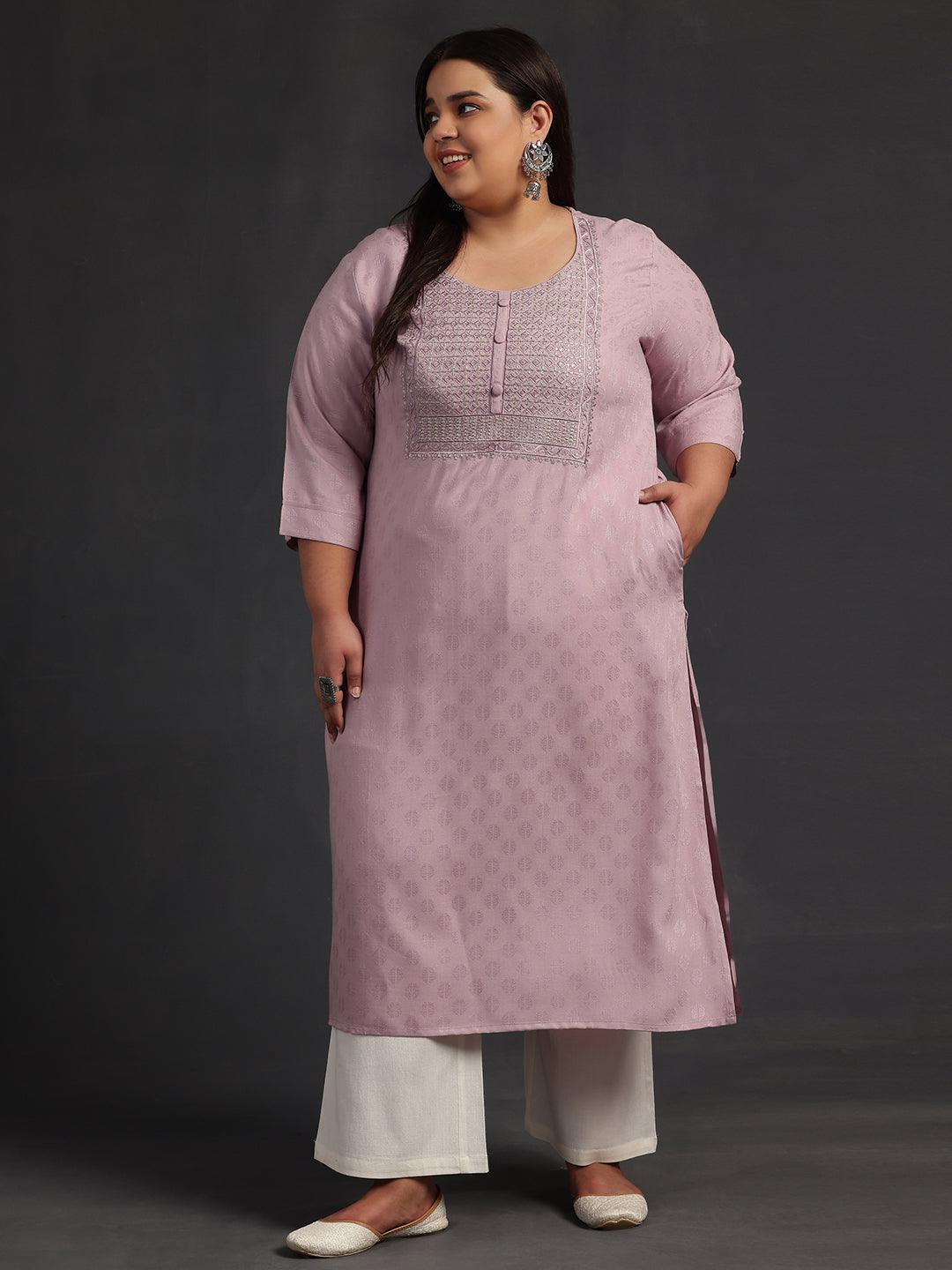 Plus Size Pink Yoke Design Rayon Straight Kurta - Libas 