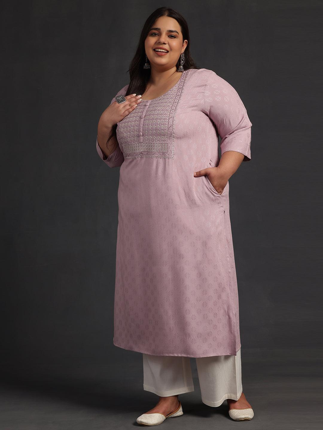 Plus Size Pink Yoke Design Rayon Straight Kurta - Libas