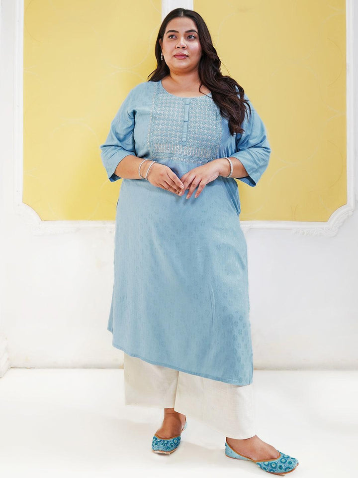 Plus Size Blue Yoke Design Rayon Straight Kurta - Libas