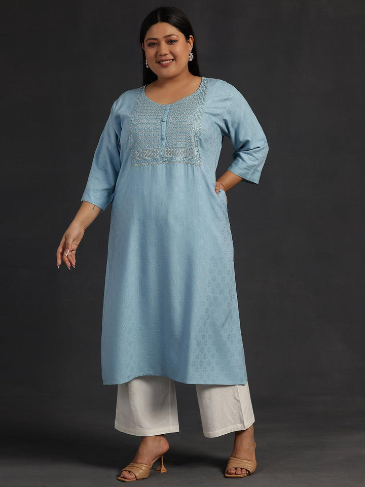 Plus Size Blue Yoke Design Rayon Straight Kurta - Libas