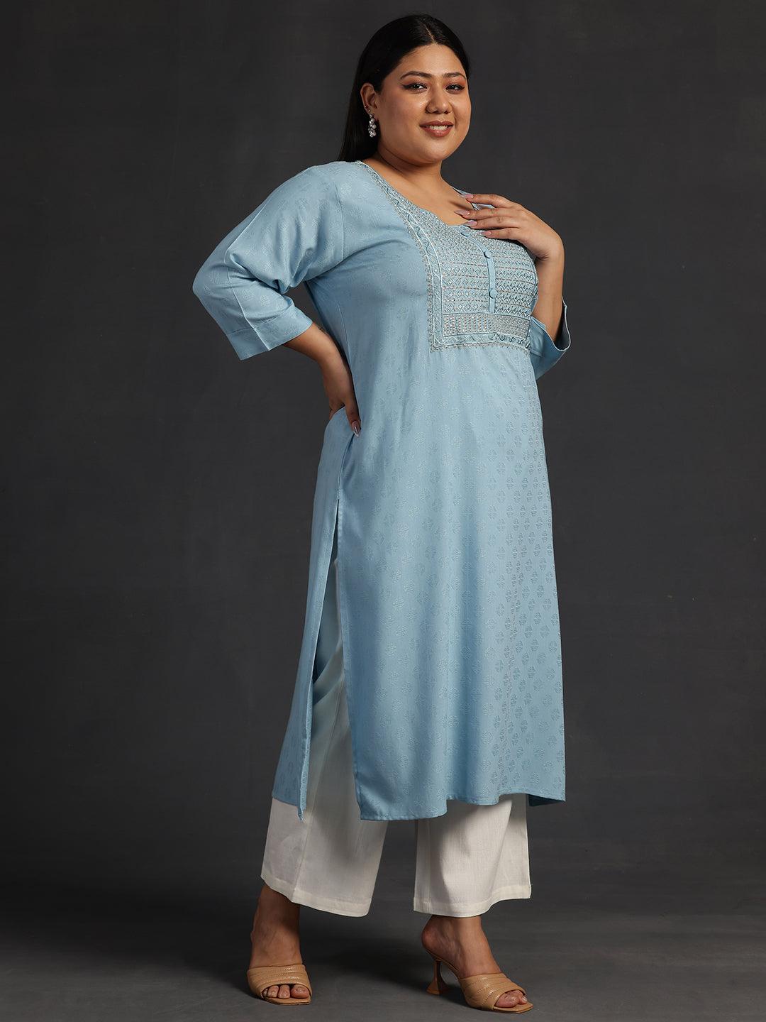 Plus Size Blue Yoke Design Rayon Straight Kurta - Libas