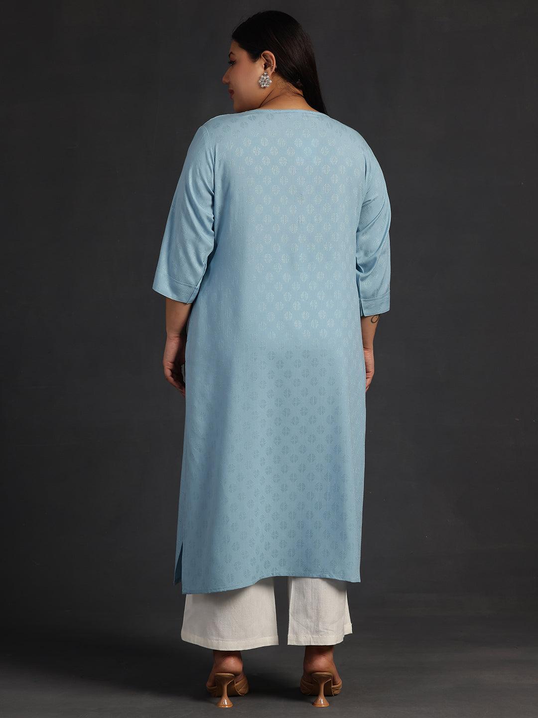 Plus Size Blue Yoke Design Rayon Straight Kurta - Libas