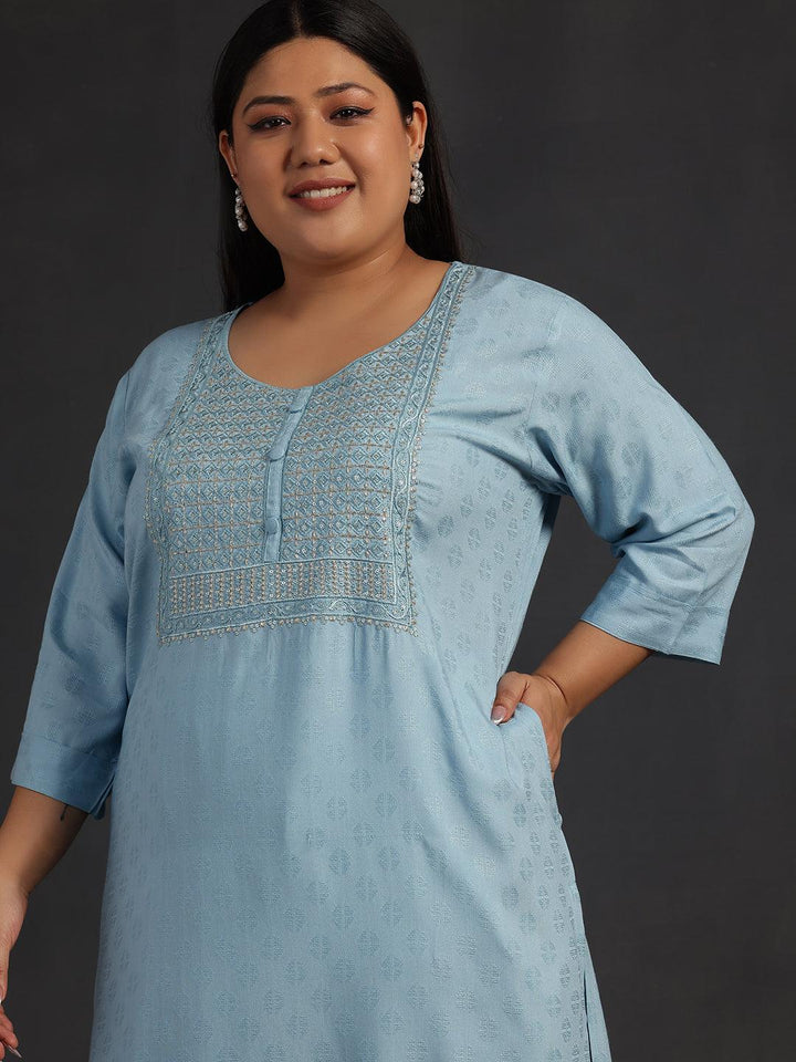 Plus Size Blue Yoke Design Rayon Straight Kurta - Libas