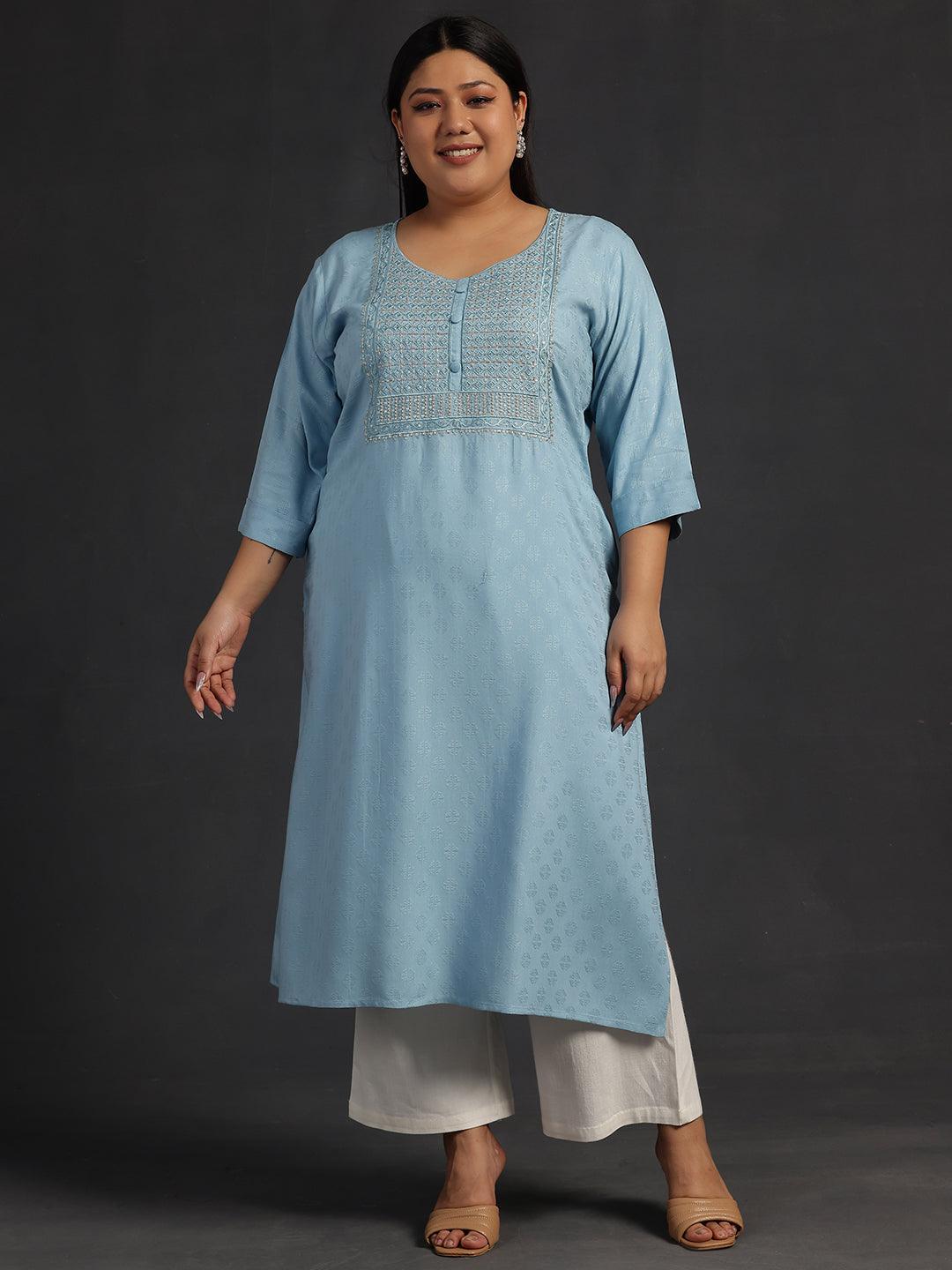 Plus Size Blue Yoke Design Rayon Straight Kurta - Libas