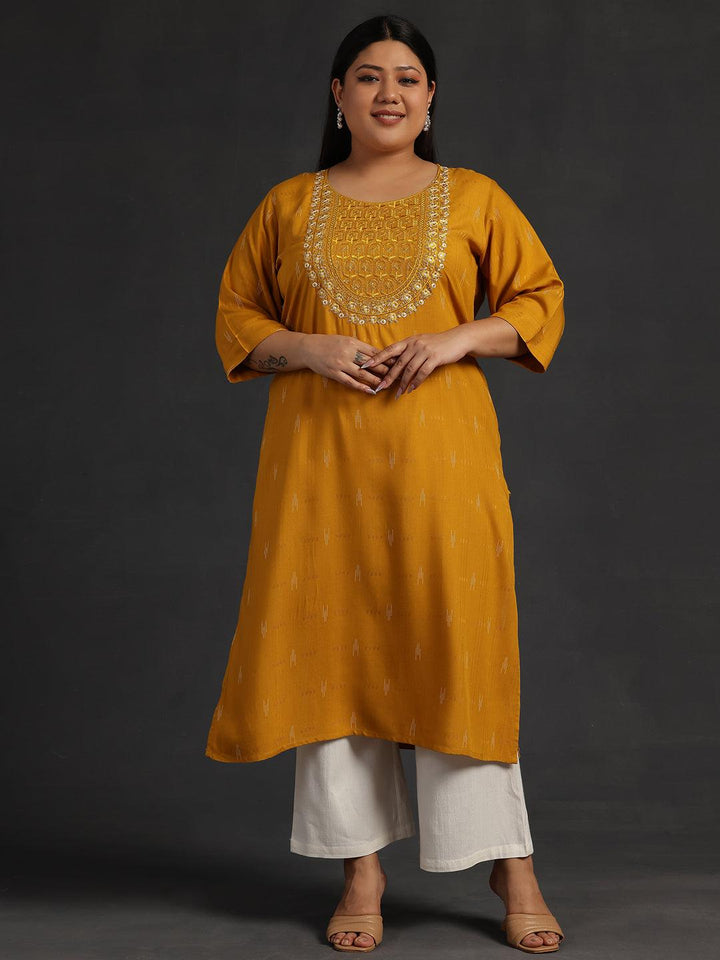 Plus Size Mustard Yoke Design Rayon Straight Kurta - Libas