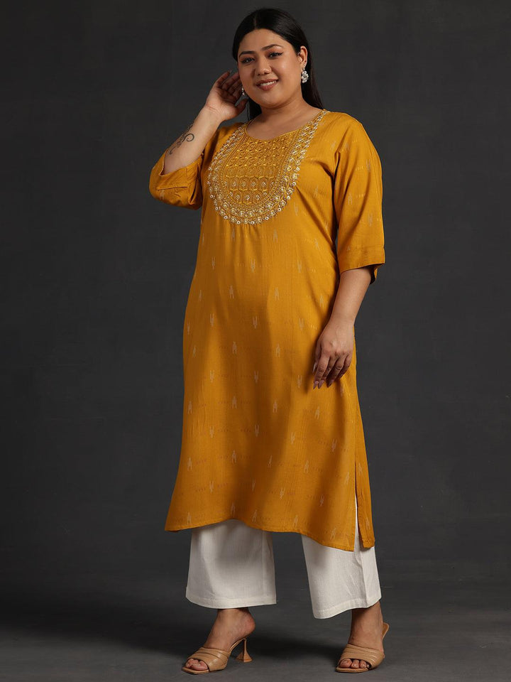 Plus Size Mustard Yoke Design Rayon Straight Kurta - Libas