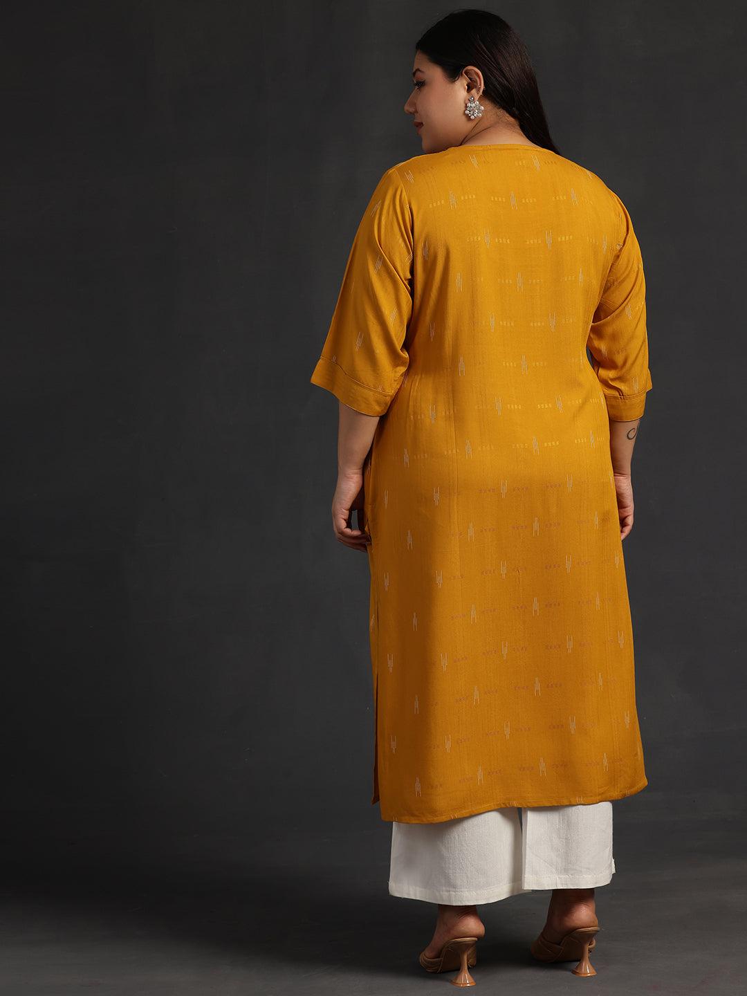 Plus Size Mustard Yoke Design Rayon Straight Kurta - Libas