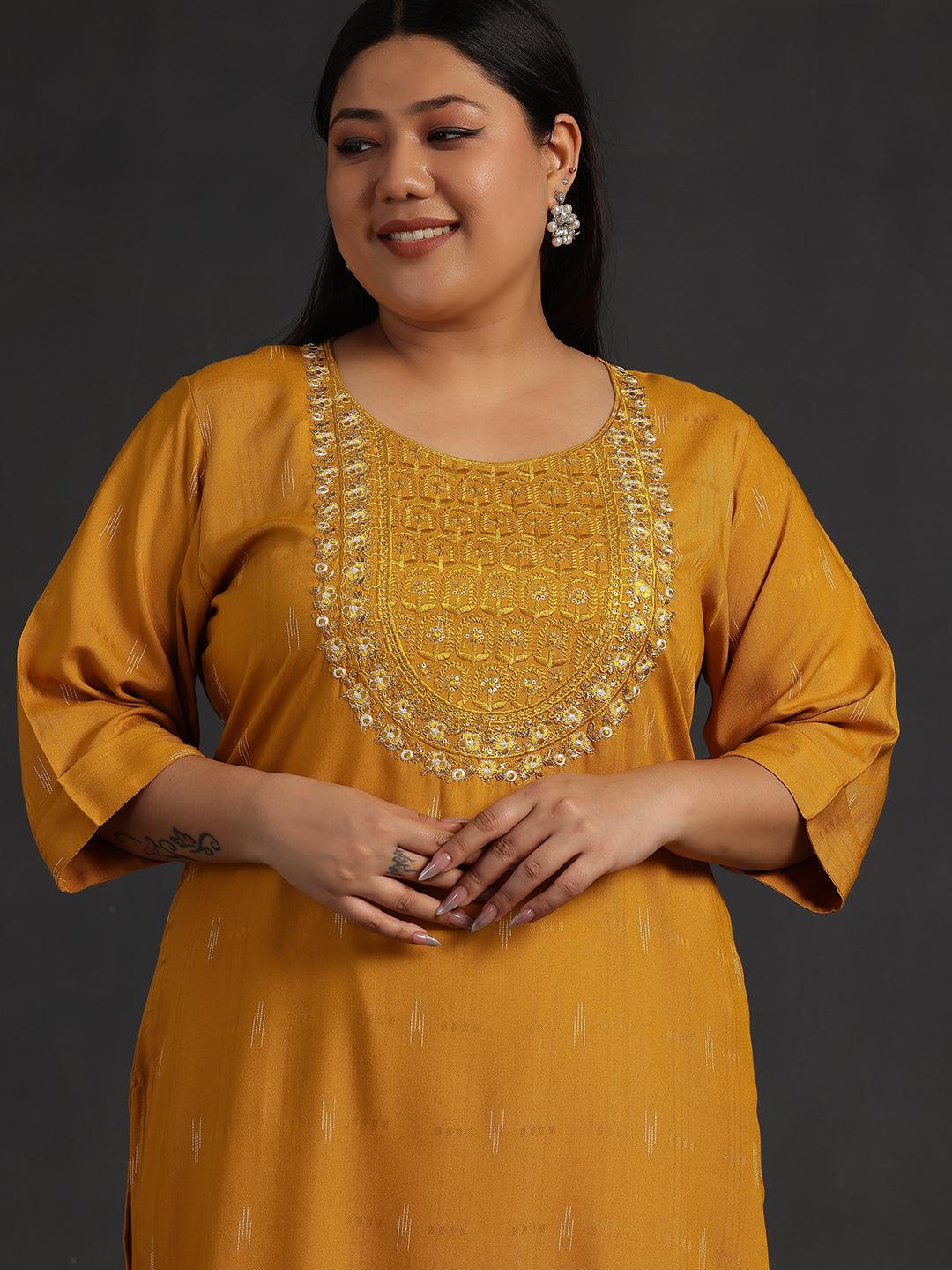 Plus Size Mustard Yoke Design Rayon Straight Kurta - Libas