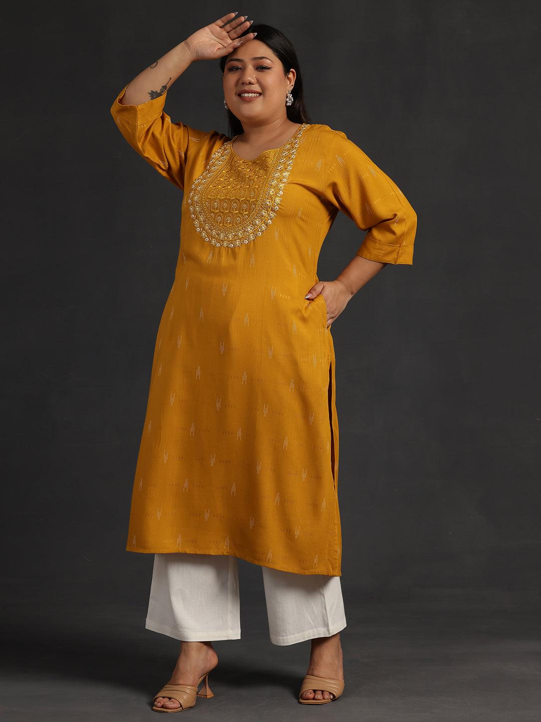 Plus Size Mustard Yoke Design Rayon Straight Kurta - Libas