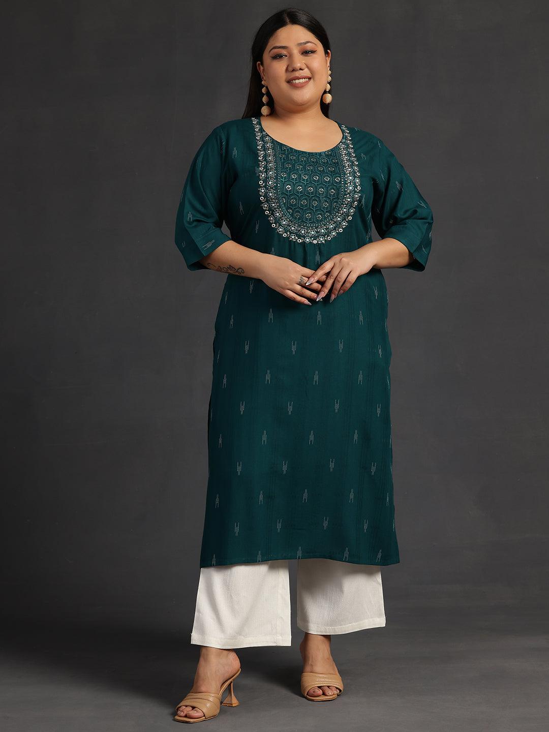 Plus Size Green Yoke Design Rayon Straight Kurta - Libas