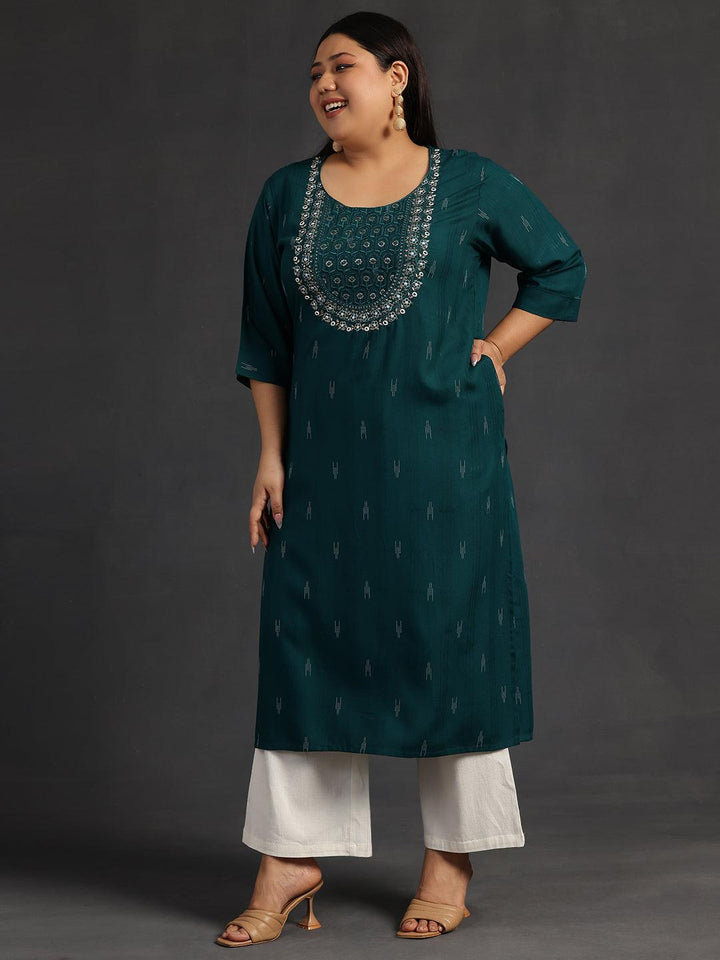 Plus Size Green Yoke Design Rayon Straight Kurta - Libas