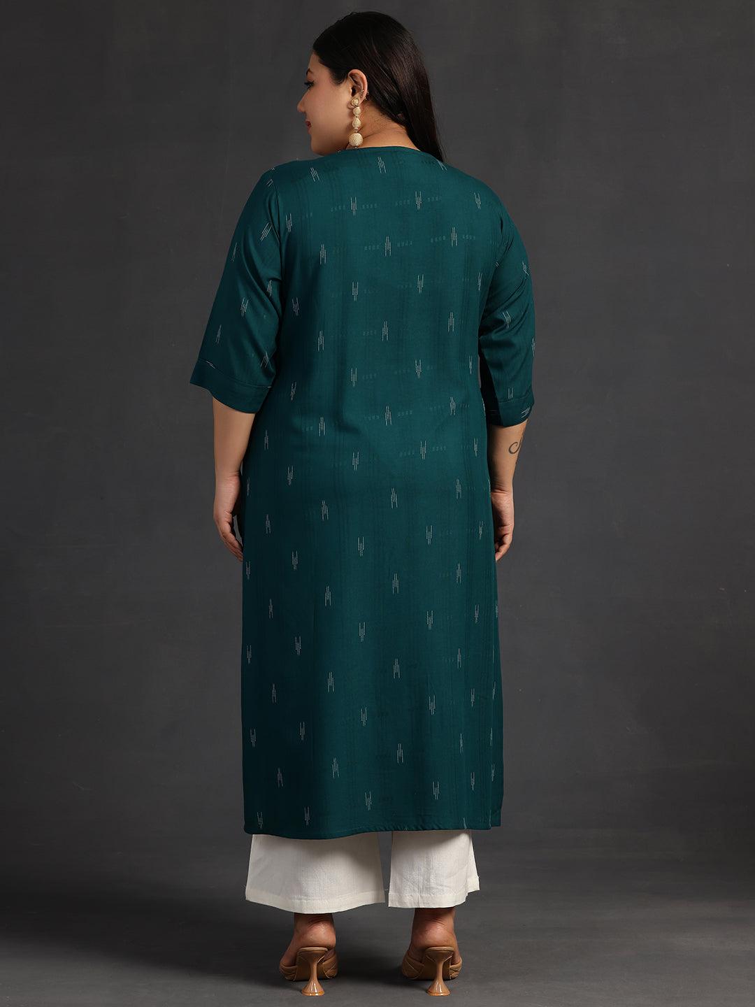 Plus Size Green Yoke Design Rayon Straight Kurta - Libas