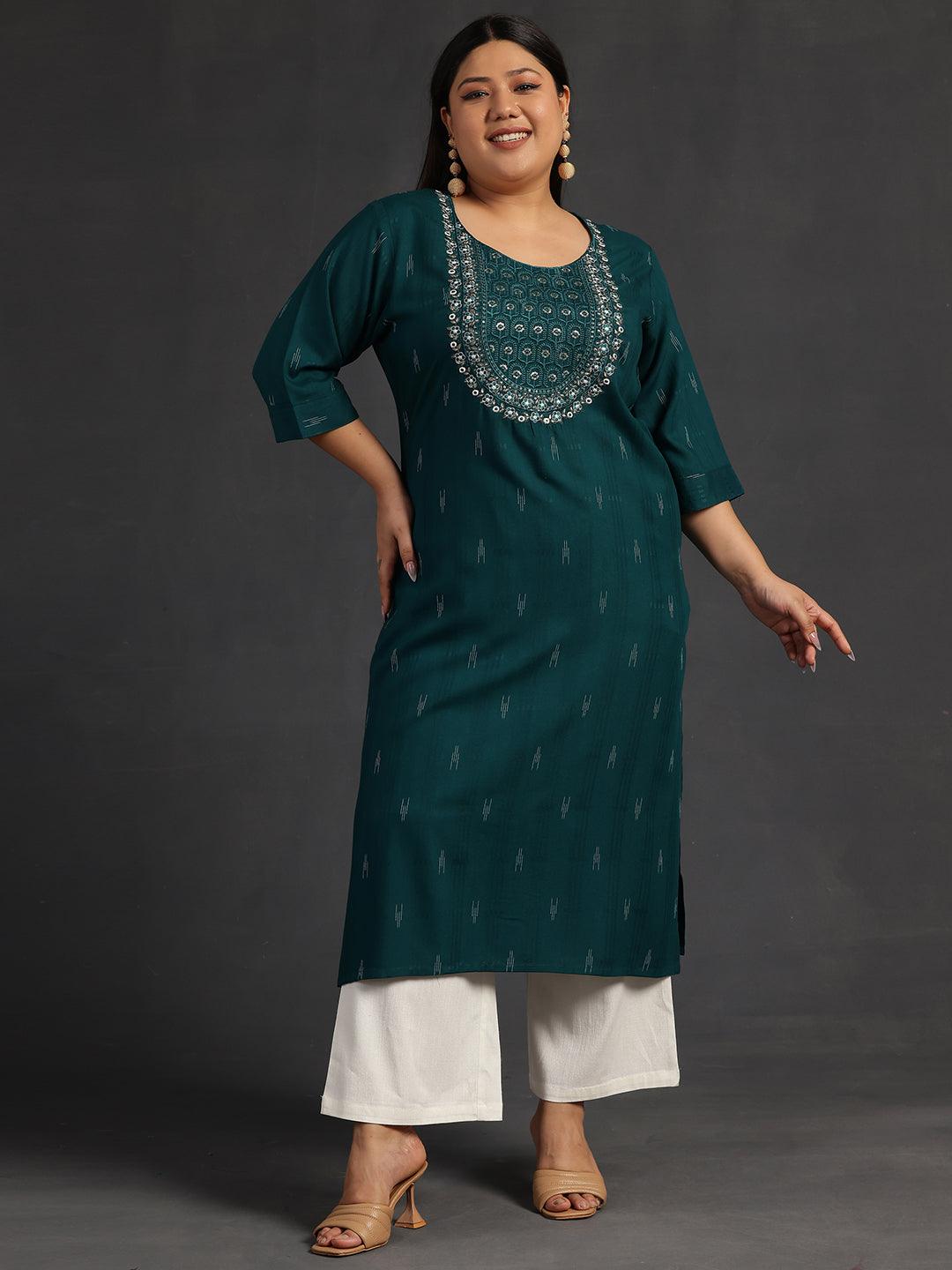 Plus Size Green Yoke Design Rayon Straight Kurta - Libas