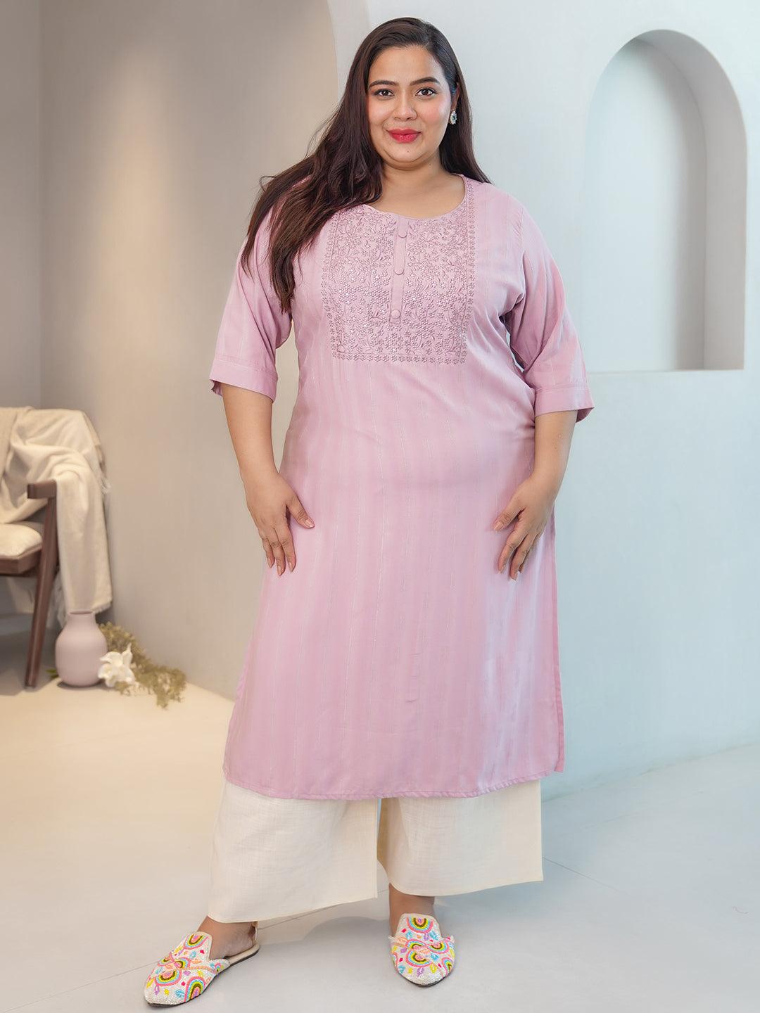 Plus Size Pink Yoke Design Silk Straight Kurta - Libas 