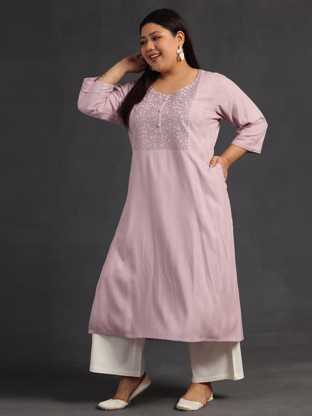 Plus Size Pink Yoke Design Silk Straight Kurta - Libas 