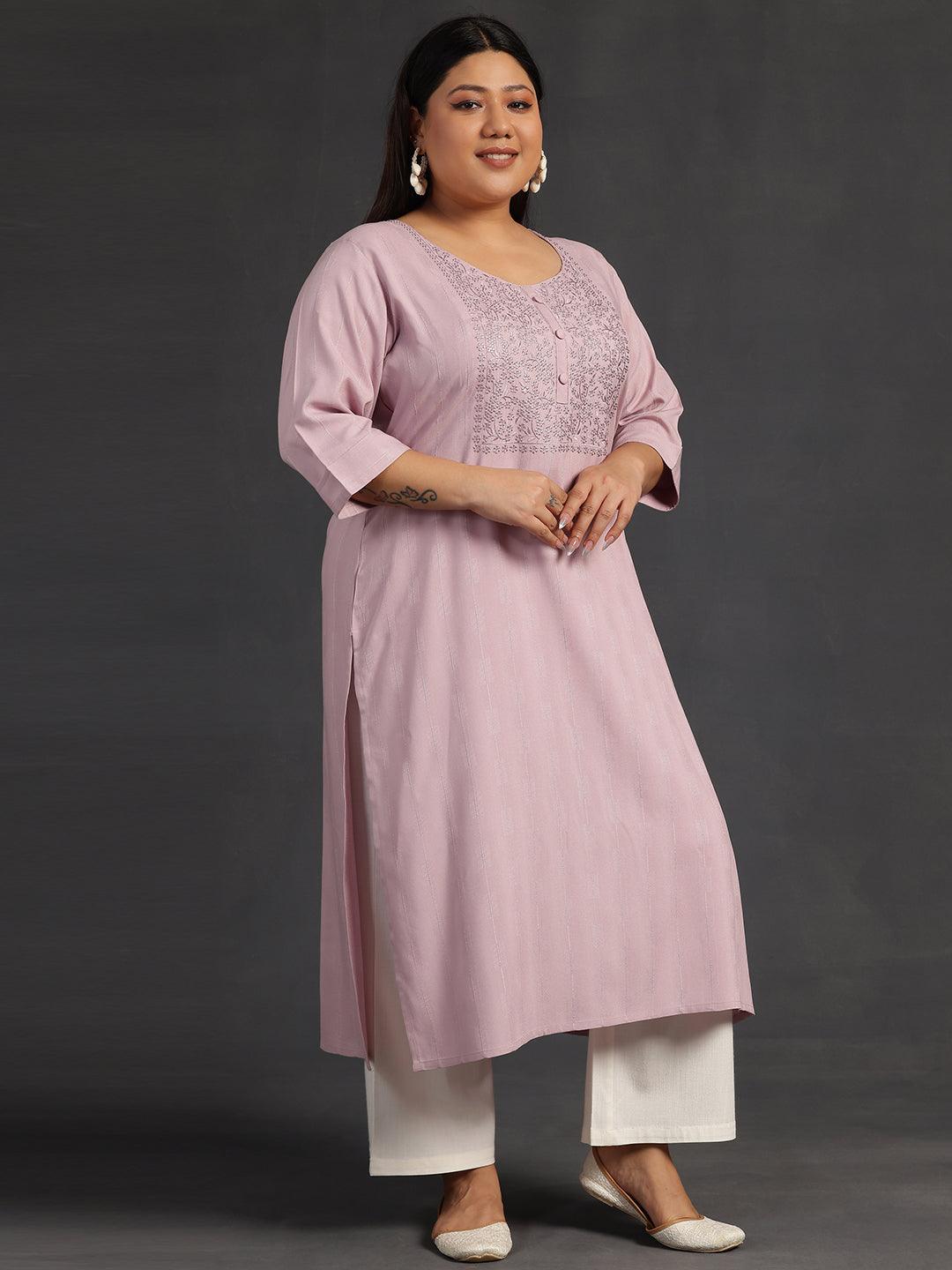 Plus Size Pink Yoke Design Silk Straight Kurta - Libas 