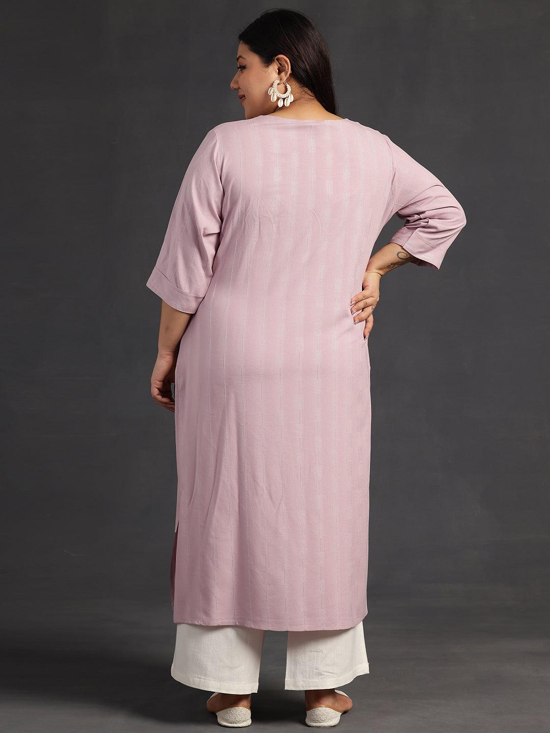 Plus Size Pink Yoke Design Silk Straight Kurta - Libas 