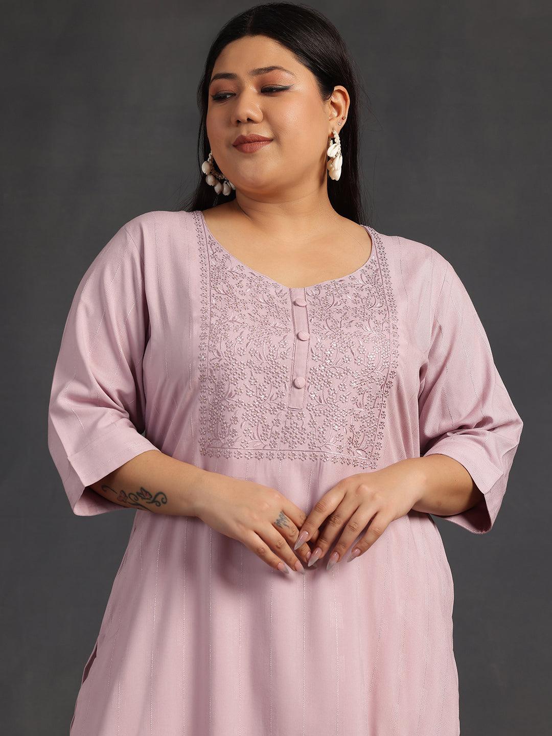 Plus Size Pink Yoke Design Silk Straight Kurta - Libas 