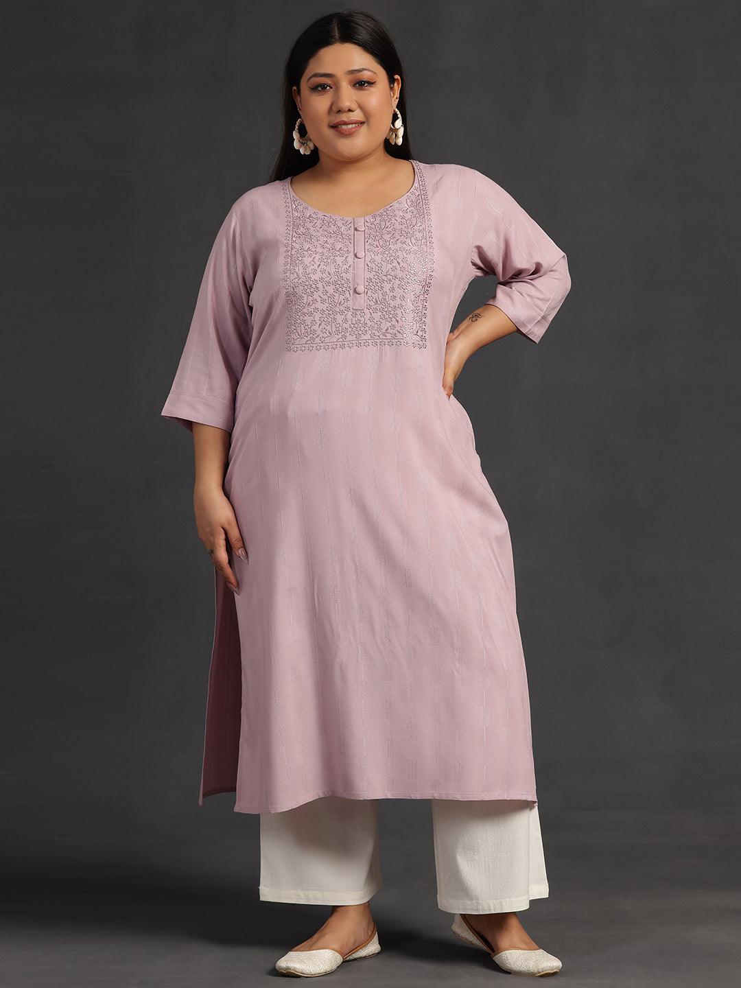 Plus Size Pink Yoke Design Silk Straight Kurta - Libas 