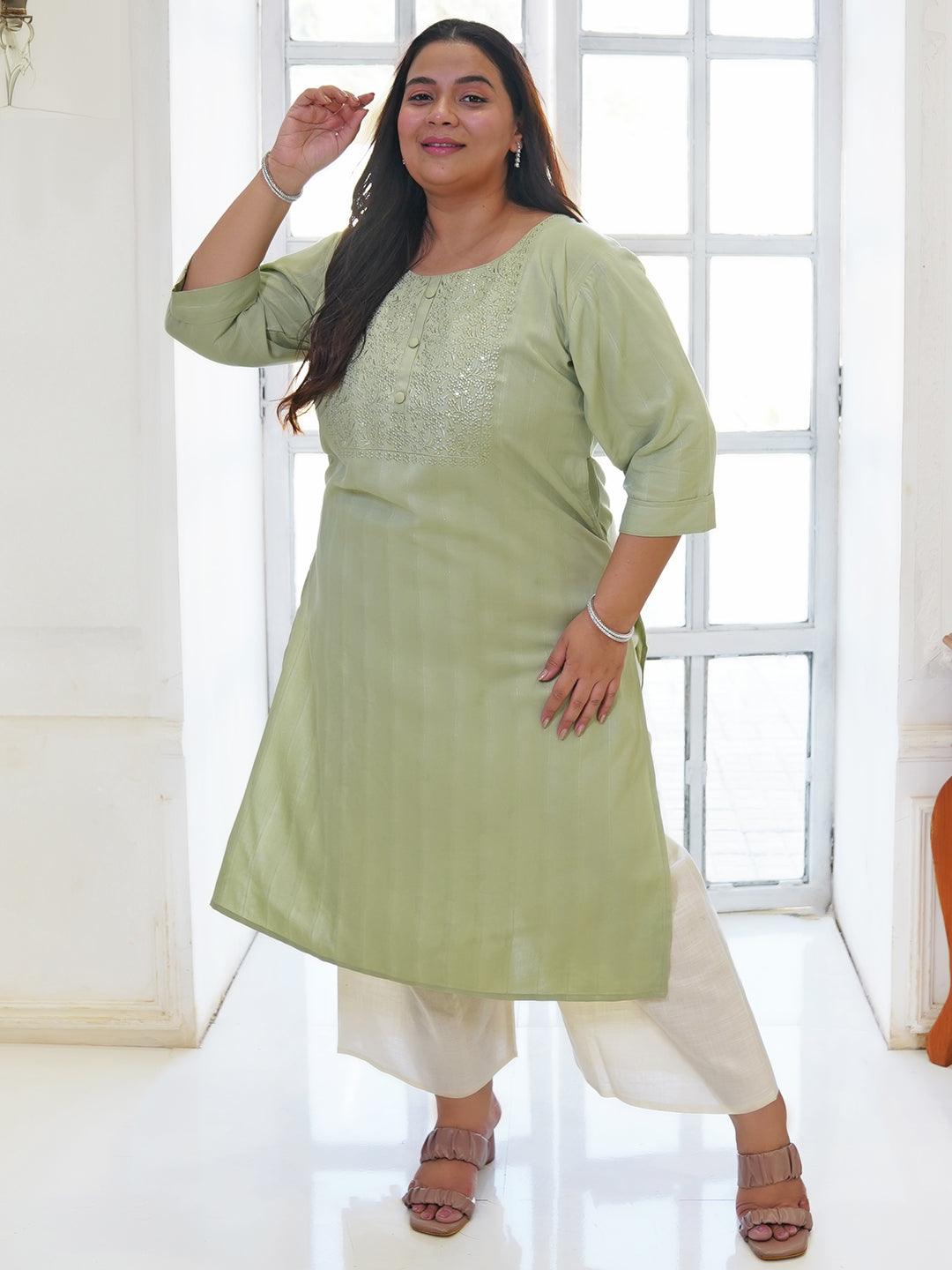 Plus Size Green Yoke Design Silk Straight Kurta - Libas 