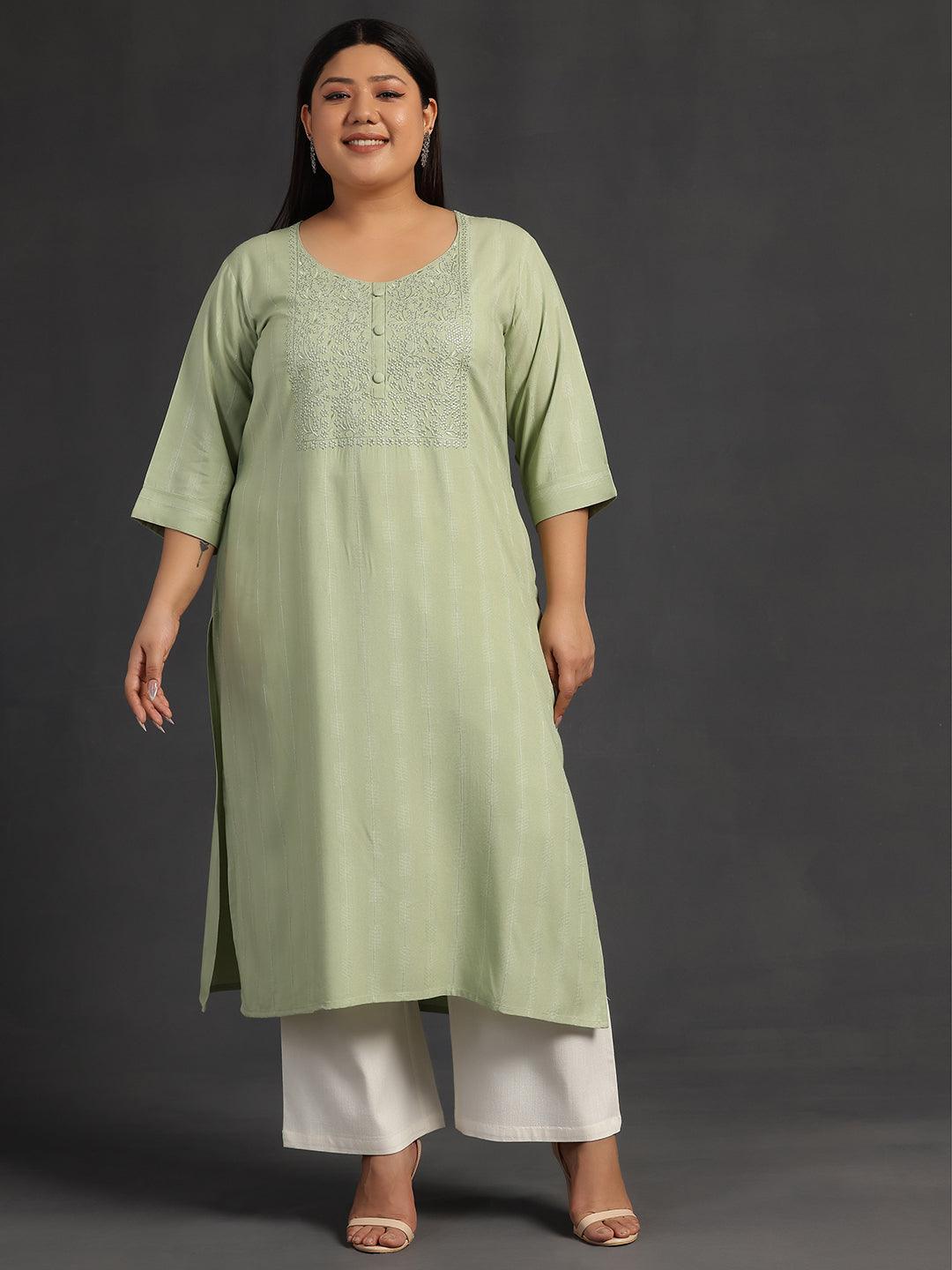 Plus Size Green Yoke Design Silk Straight Kurta - Libas 