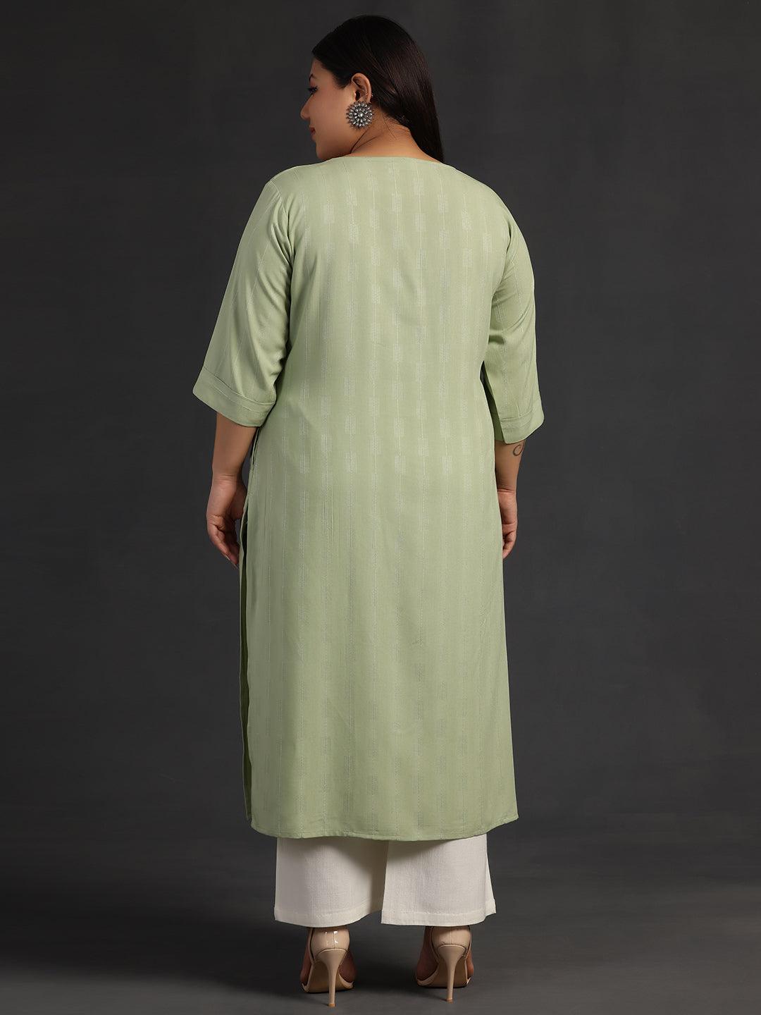 Plus Size Green Yoke Design Silk Straight Kurta - Libas 