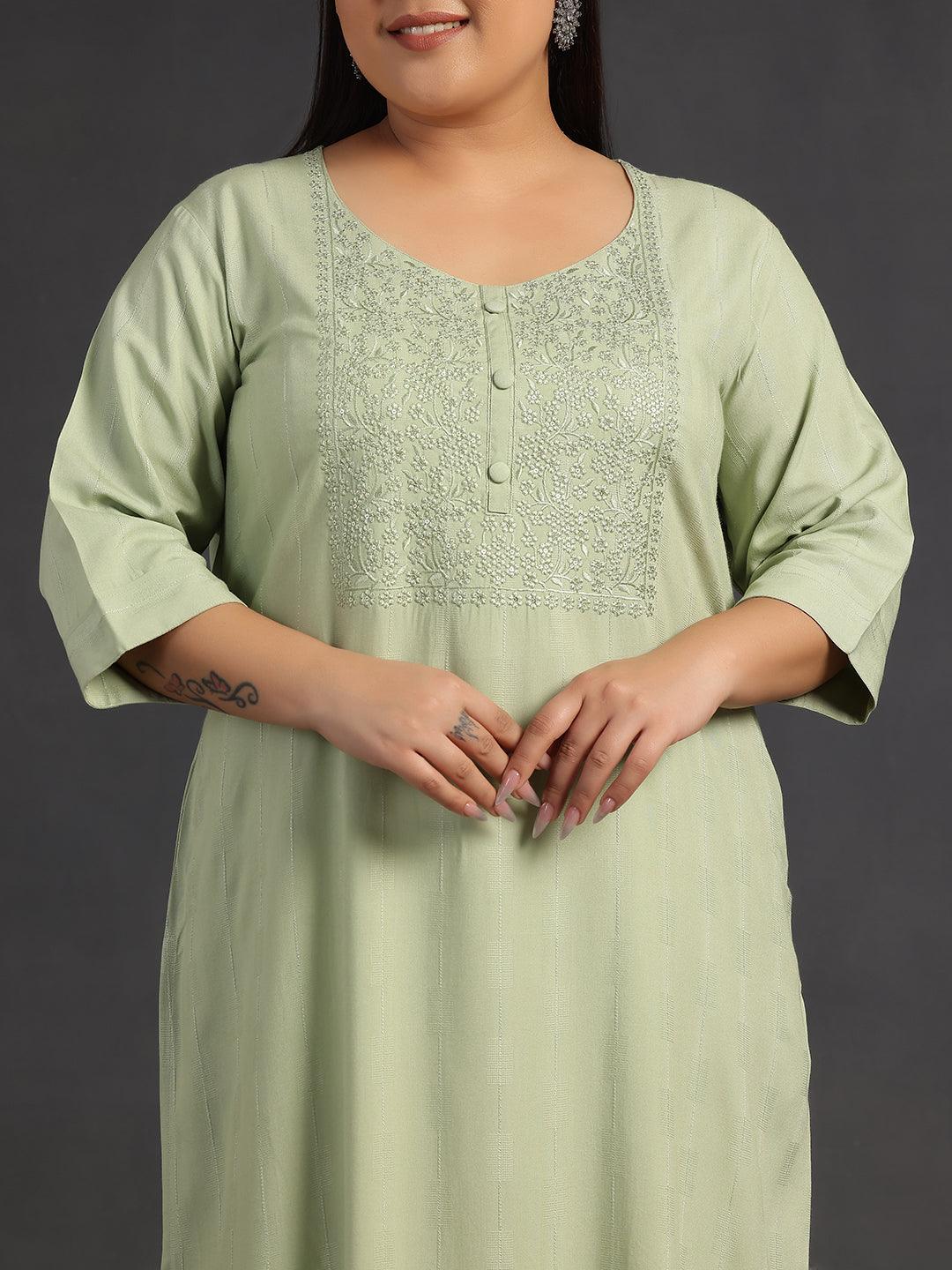 Plus Size Green Yoke Design Silk Straight Kurta - Libas 