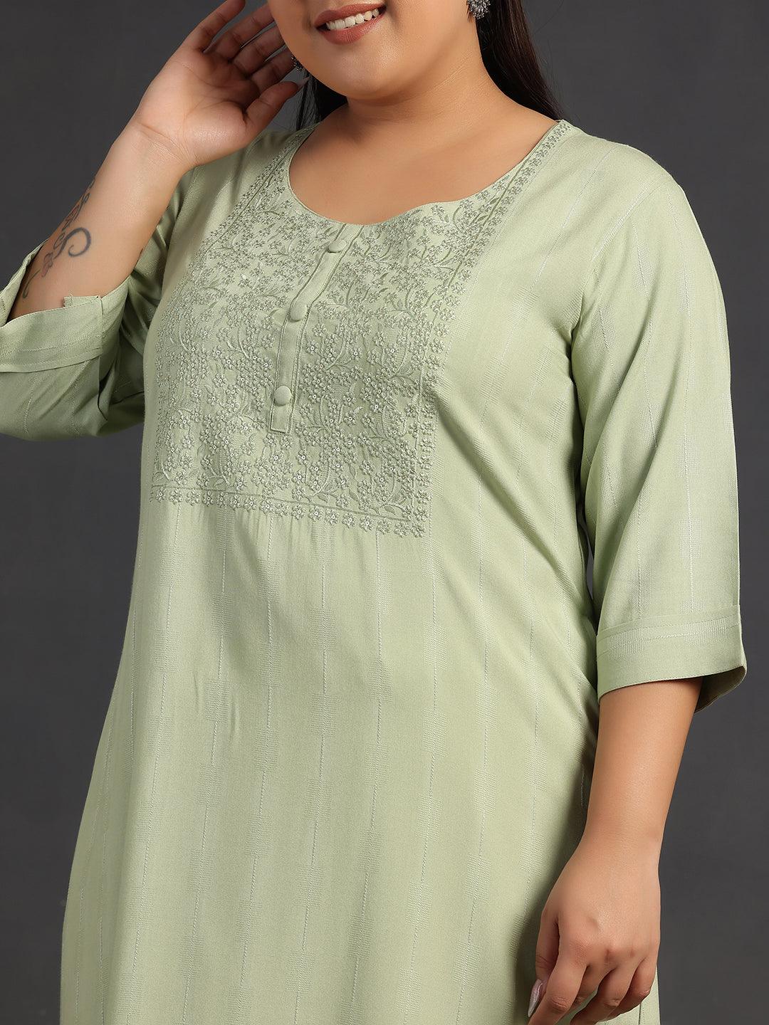 Plus Size Green Yoke Design Silk Straight Kurta - Libas 