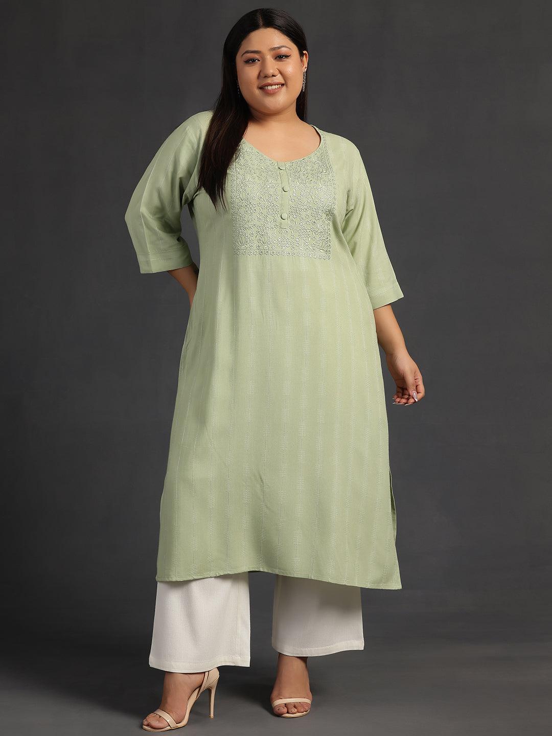 Plus Size Green Yoke Design Silk Straight Kurta - Libas 