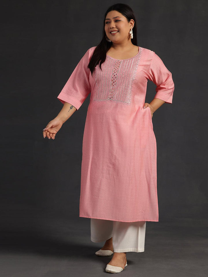 Plus Size Peach Yoke Design Silk Straight Kurta - Libas