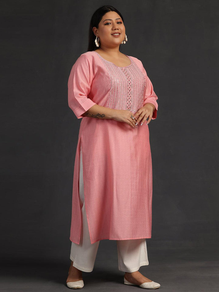 Plus Size Peach Yoke Design Silk Straight Kurta - Libas