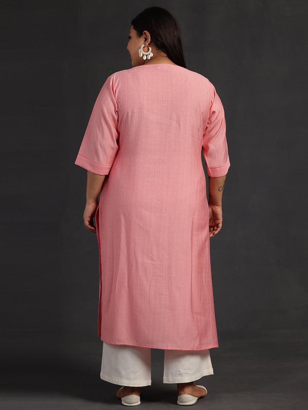 Plus Size Peach Yoke Design Silk Straight Kurta - Libas