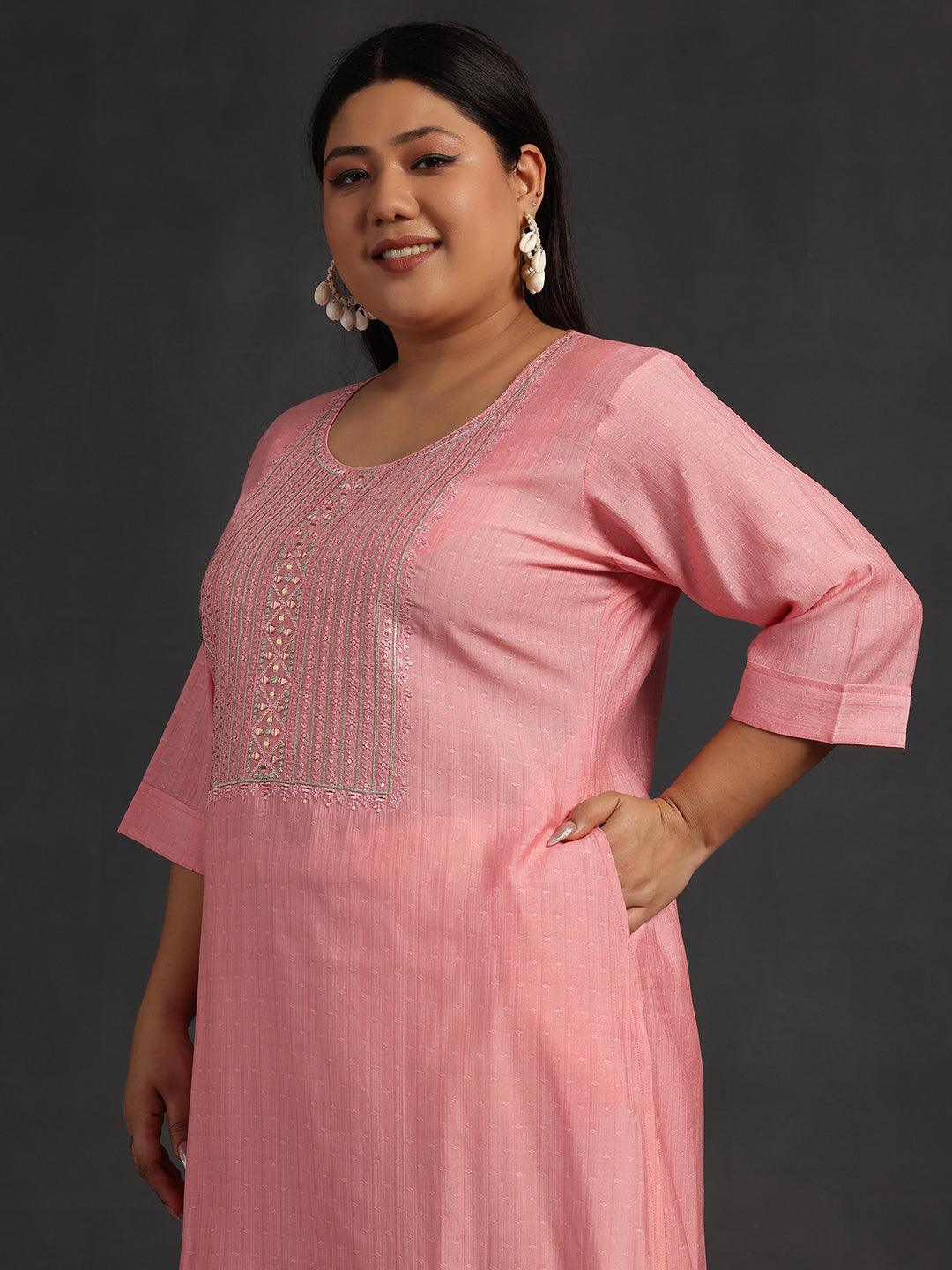 Plus Size Peach Yoke Design Silk Straight Kurta - Libas