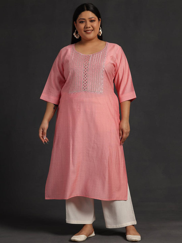 Plus Size Peach Yoke Design Silk Straight Kurta - Libas