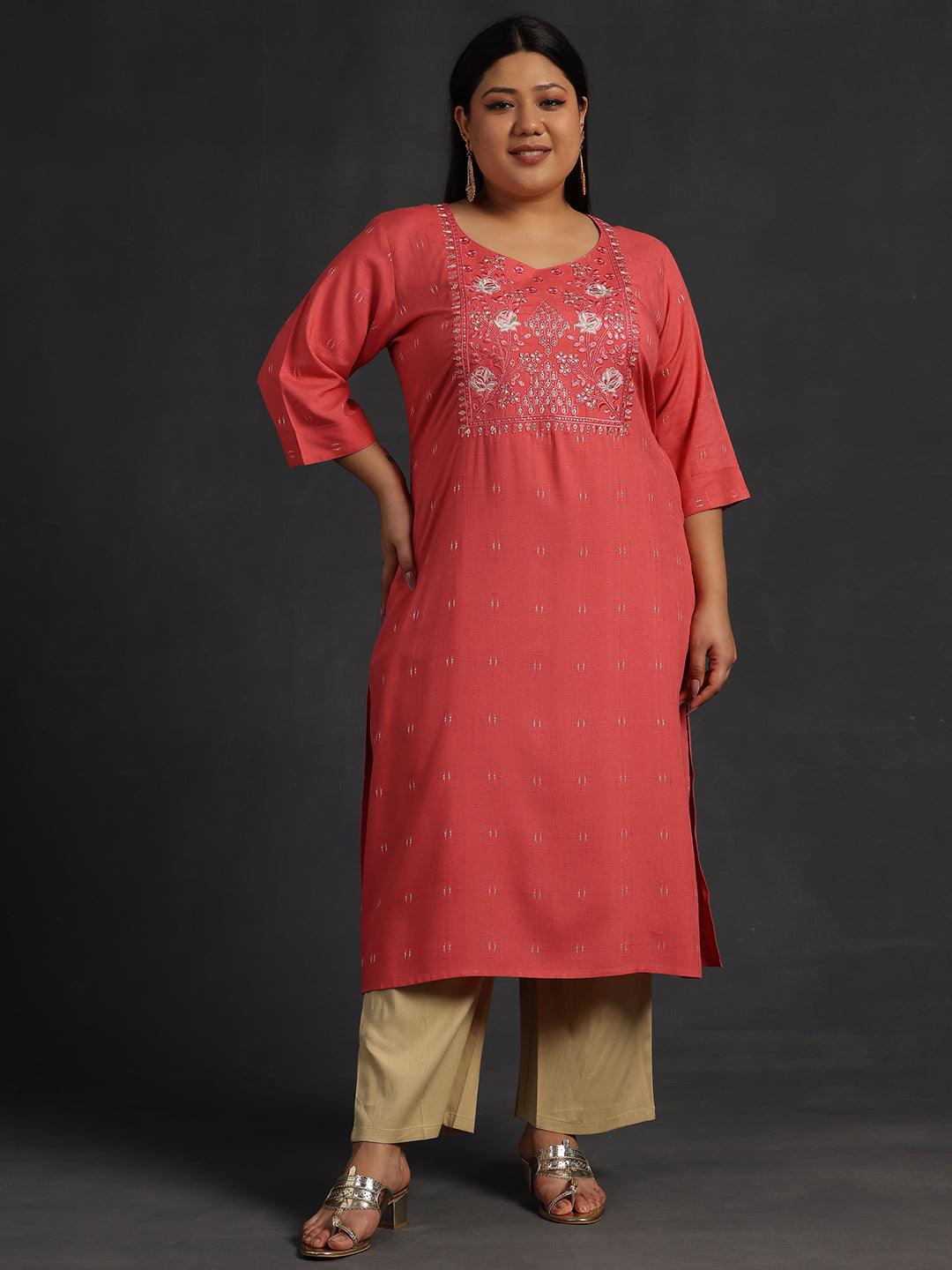 Plus Size Coral Yoke Design Silk Straight Kurta - Libas