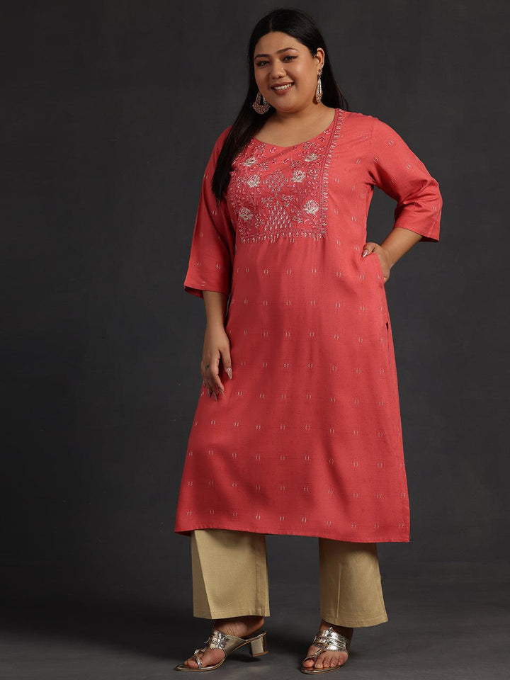 Plus Size Coral Yoke Design Silk Straight Kurta - Libas